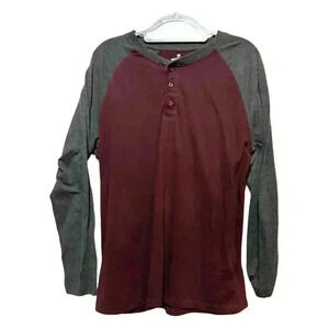 Woolrich Men's Long Sleeve Henley Shirt Colorblock Burgundy Gray Size L